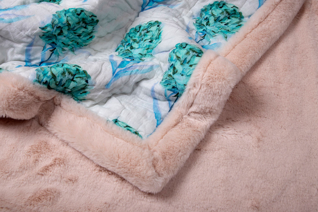 Peony White and Aqua Printed Two In One Fur Quilt