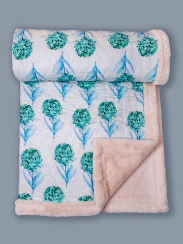 Peony White and Aqua Printed Two In One Fur Quilt