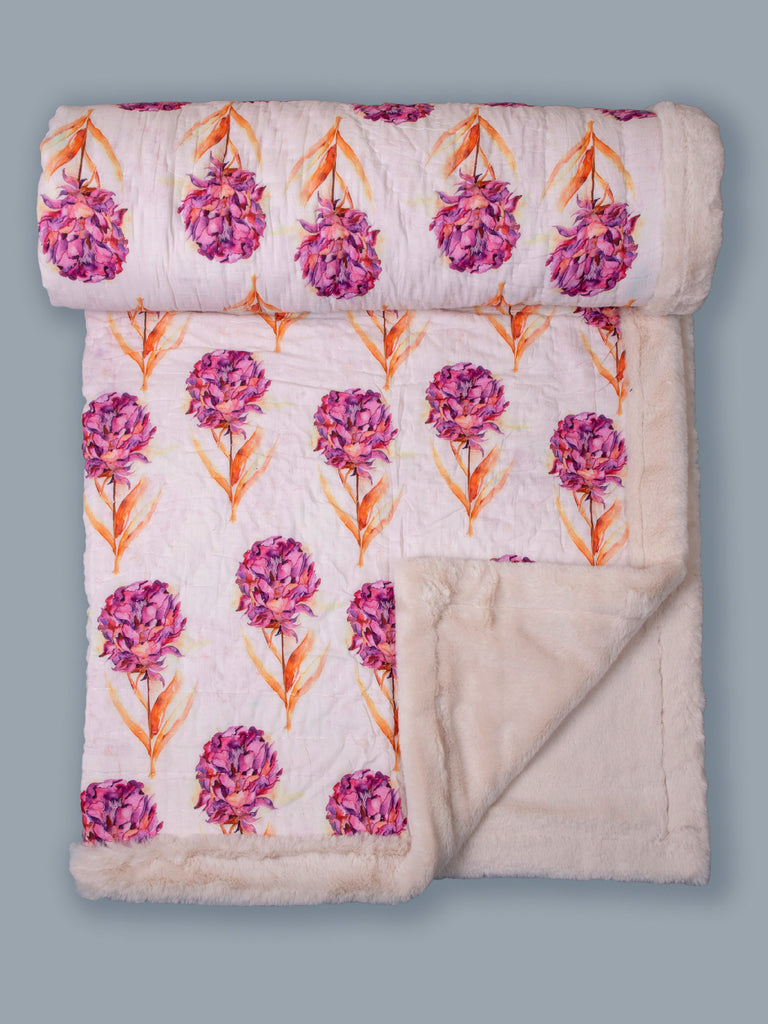 Peony White and Purple Printed Two In One Fur Quilt