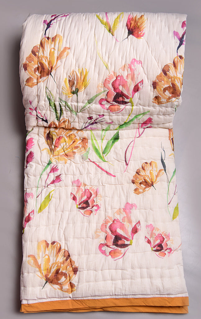 vVyom Classic | White Poppy Floral Dreams Printed Cotton Quilt | Jaipuri Razai