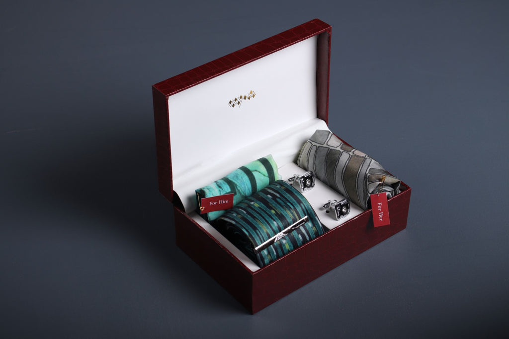 Him & Her Tie Scarf Combo Gift Box Set of 5 Emerald