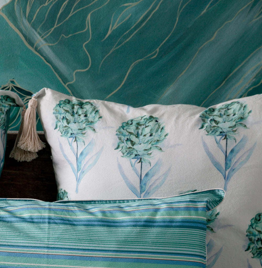 Aqua and White 121 Head Board Cushion Cover with Tassels