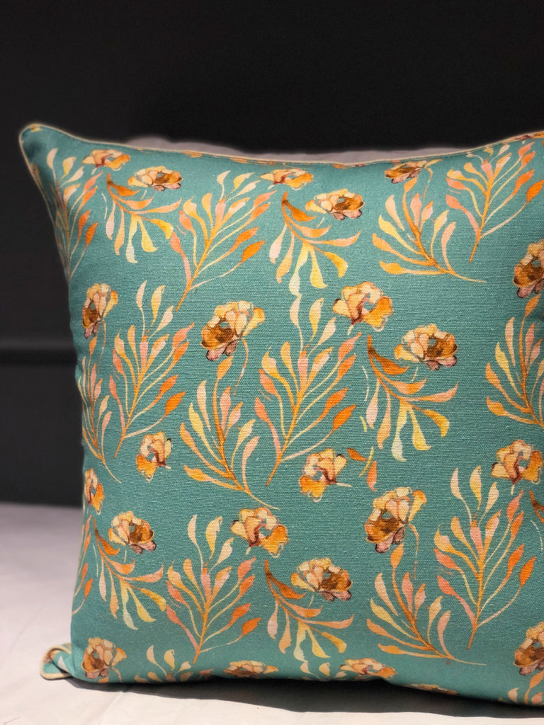 Aqua and Mustard floral web Printed Cushion Cover