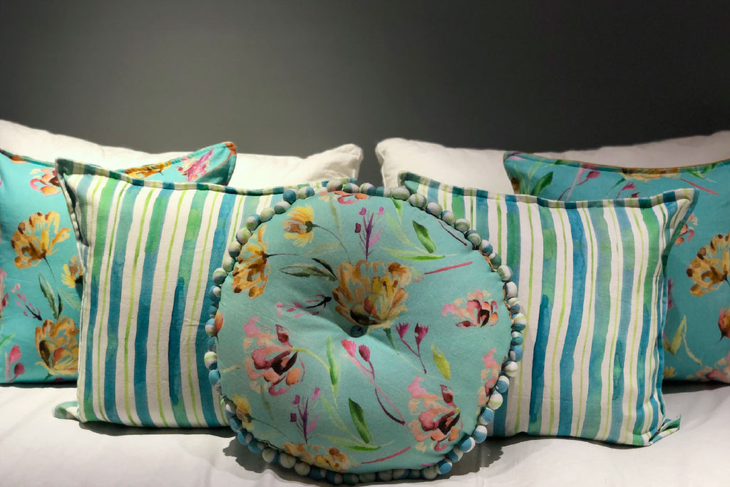 Aqua And Ochre Poppy Floral Dream Printed with  complimenting Stripes Cushion Cover 5 Pc set