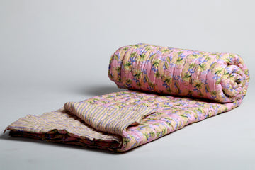 Blush Pink Floral and geometrical printed reversible Cotton Silk Quilt | Jaipuri Razai
