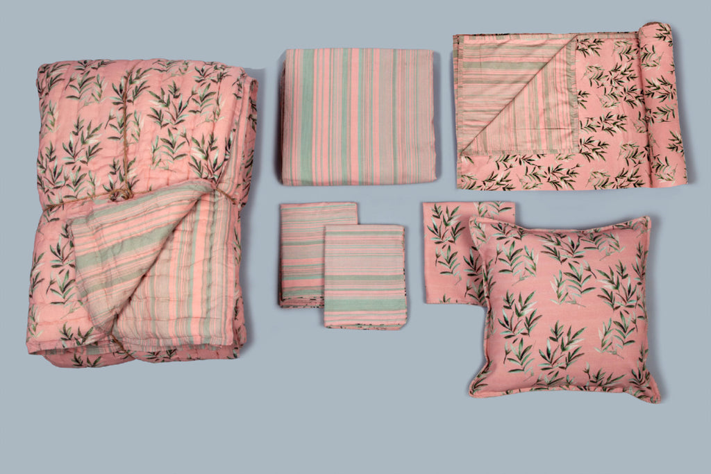 Coral Peach Leaves Printed 7 PC Set