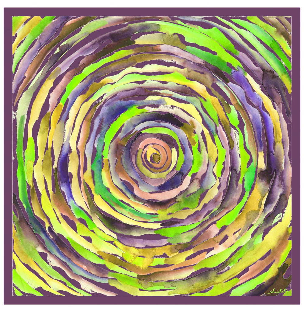 Lilac And Lime Green Water Twirl Printed Pure Silk Scarf