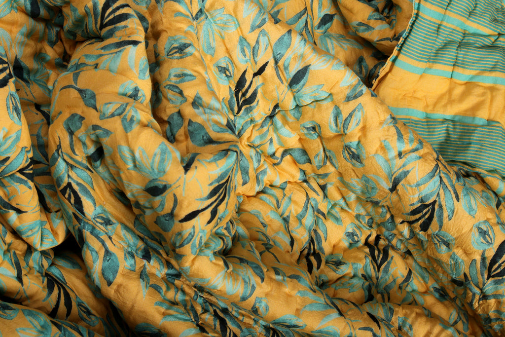 Fresh Citrus floral and geometrical printed reversible Cotton Silk Quilt | Jaipuri Razai