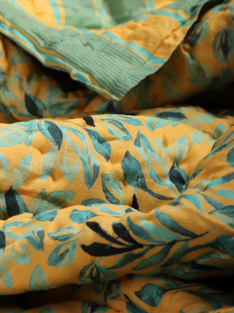Fresh Citrus floral and geometrical printed reversible Cotton Silk Quilt | Jaipuri Razai