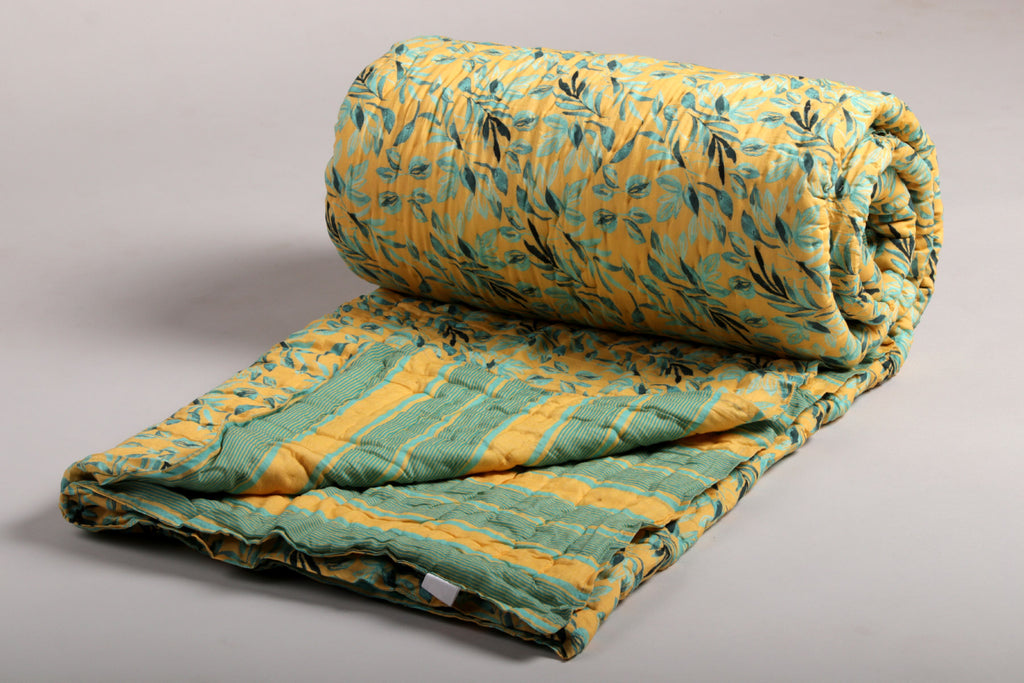 Fresh Citrus floral and geometrical printed reversible Cotton Silk Quilt | Jaipuri Razai