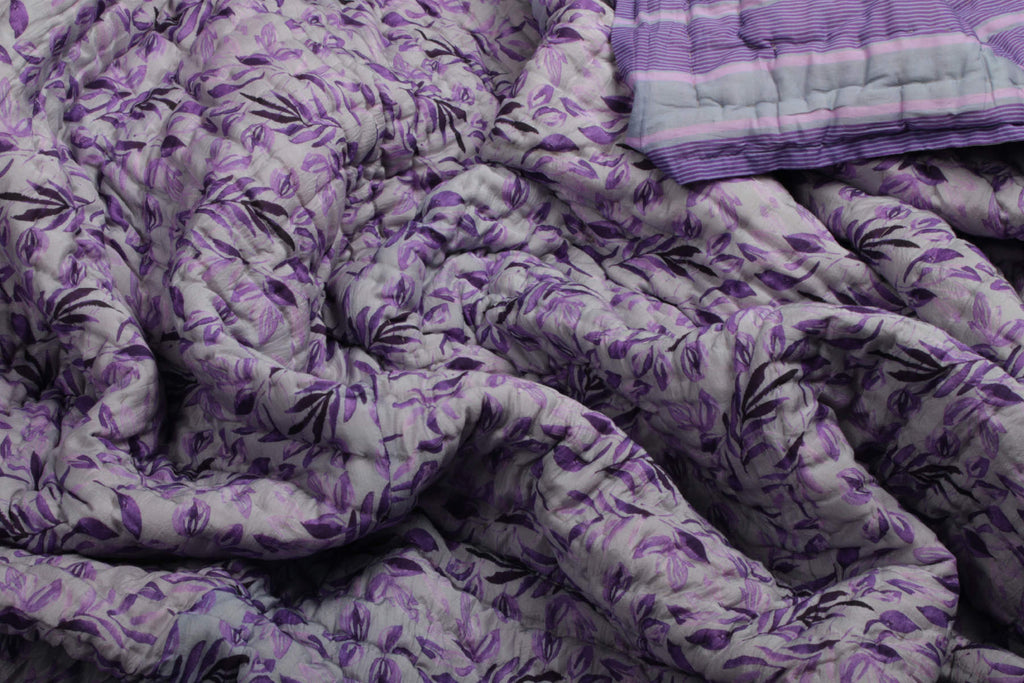 Grape Heaven Floral and geometrical printed reversible Cotton Silk Quilt | Jaipuri Razai