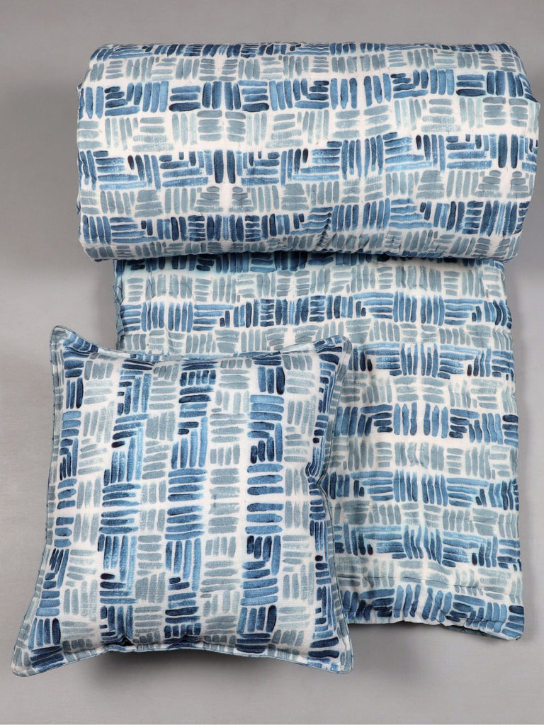 Grey And Blue Abstract Geometric Printed 3 PC Set of 1 quilt & 2 cushion covers
