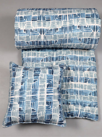 Grey And Blue Abstract Geometric Printed 3 PC Set of 1 quilt & 2 cushion covers