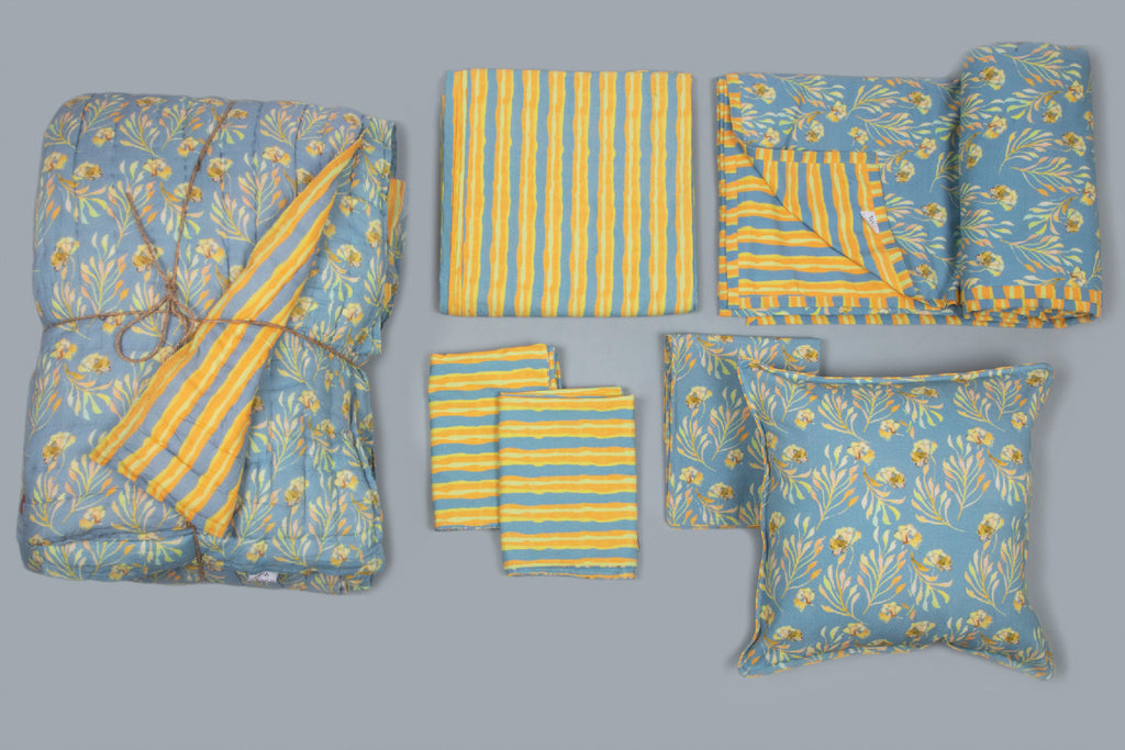 Grey And Yellow Floral Web Printed 7 PC Set