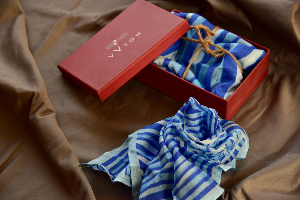 Ultra Marine Blue Colour Story Stripes Printed Pure Silk Scarf and Pocket Square Gift Set