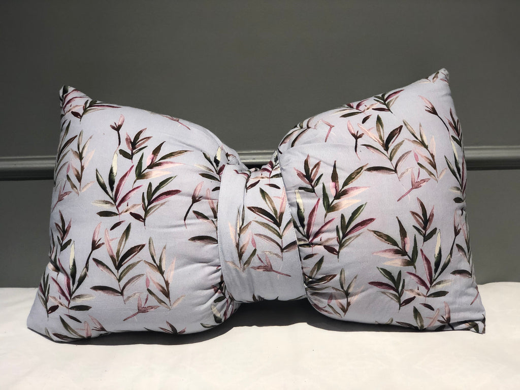 Cloud Grey Leaves Printed Bow Shaped Filled Accent Cushion