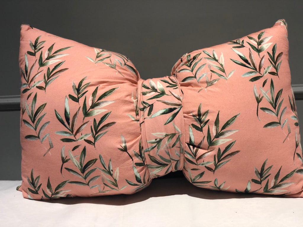 Peach Coral Leaves Printed Bow Shaped Filled Accent Cushion