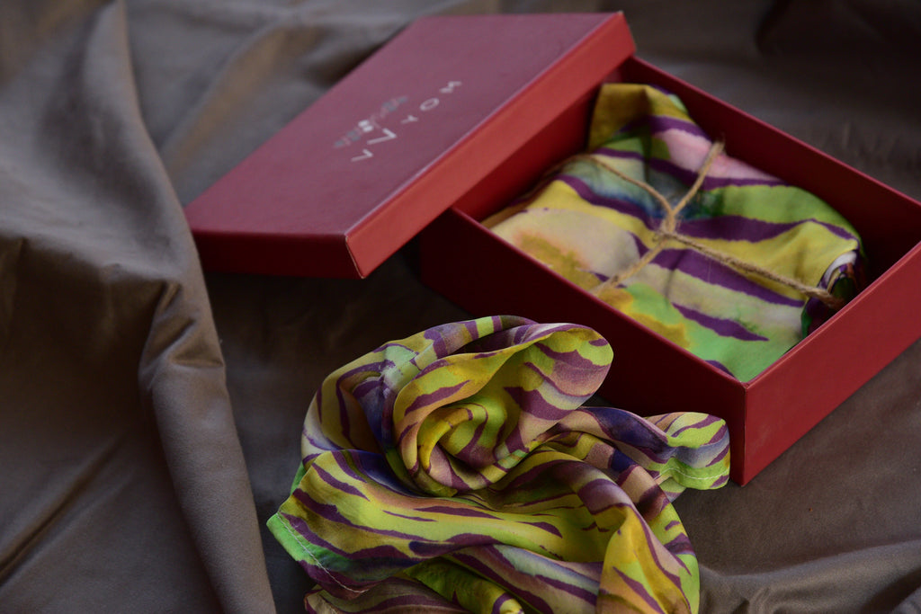 Lilac and Lime Green Water twirl Printed Pure Silk Scarf and Pocket Square Gift Set