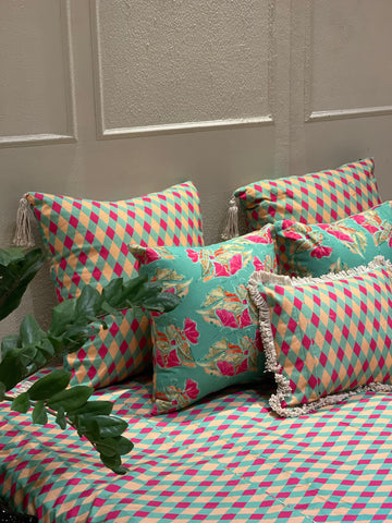 Make a Statement Hot Pink floral and geometrical reversible Printed 5 pc curated cushion set