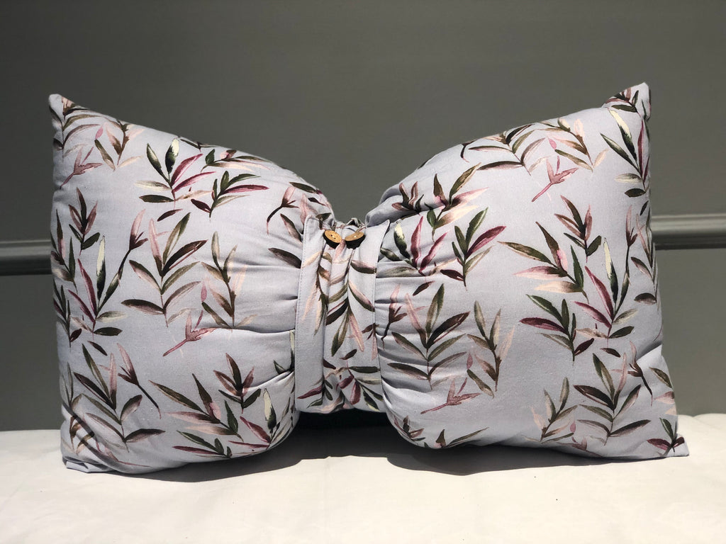Cloud Grey Leaves Printed Bow Shaped Filled Accent Cushion