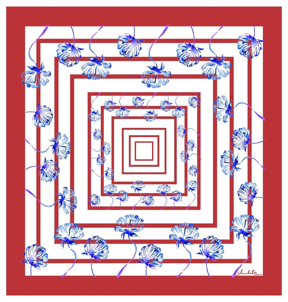 Red And White Geo Flora Printed Pure Silk Pocket Square.