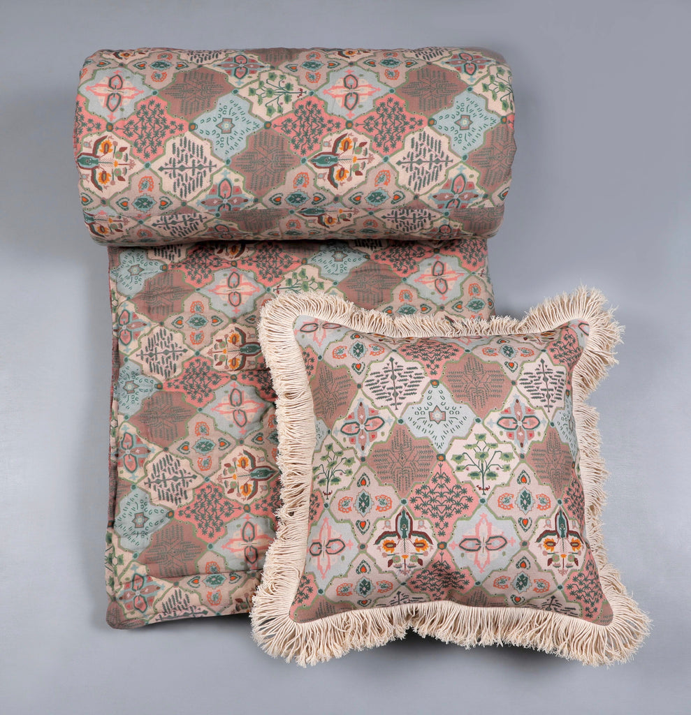 Muted Pastels Shade Printed 3 PC Set of 1 quilt & 2 cushion covers