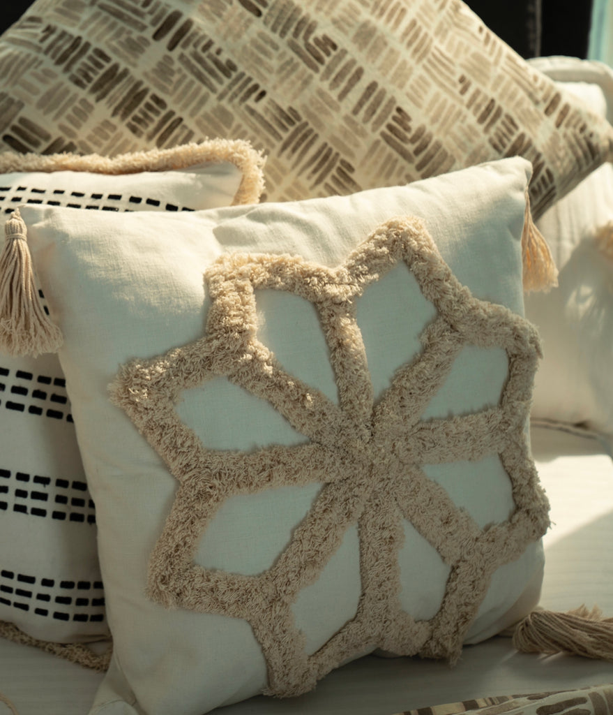 All White And Earthy Fray Cushion Cover Deme x vVyom