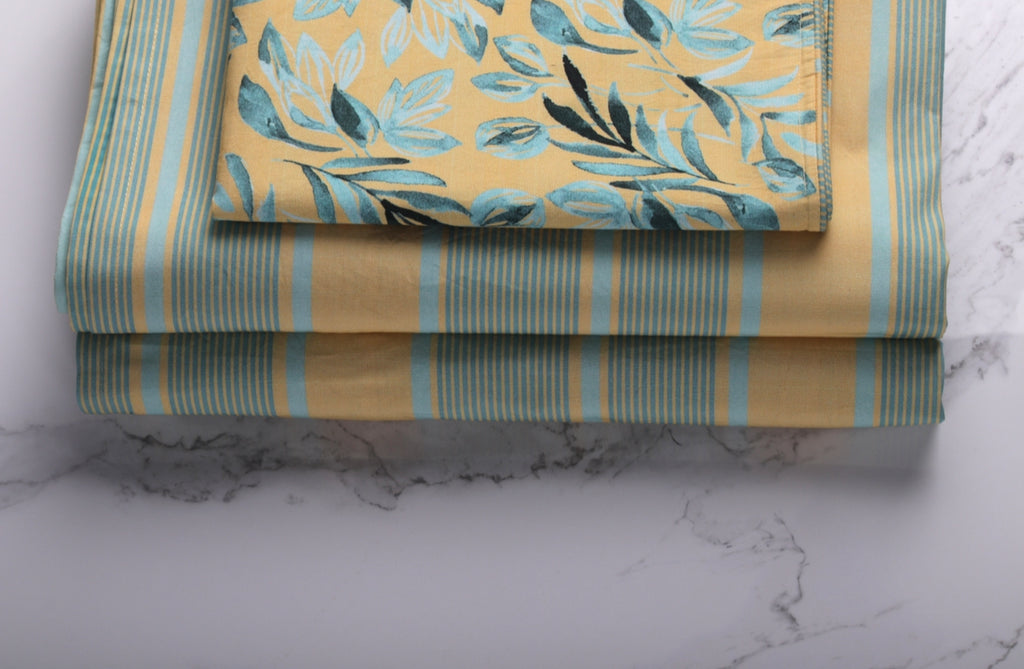 Bright Yellow and Turquoise Floral Printed Bed sheet with 2 pillow covers