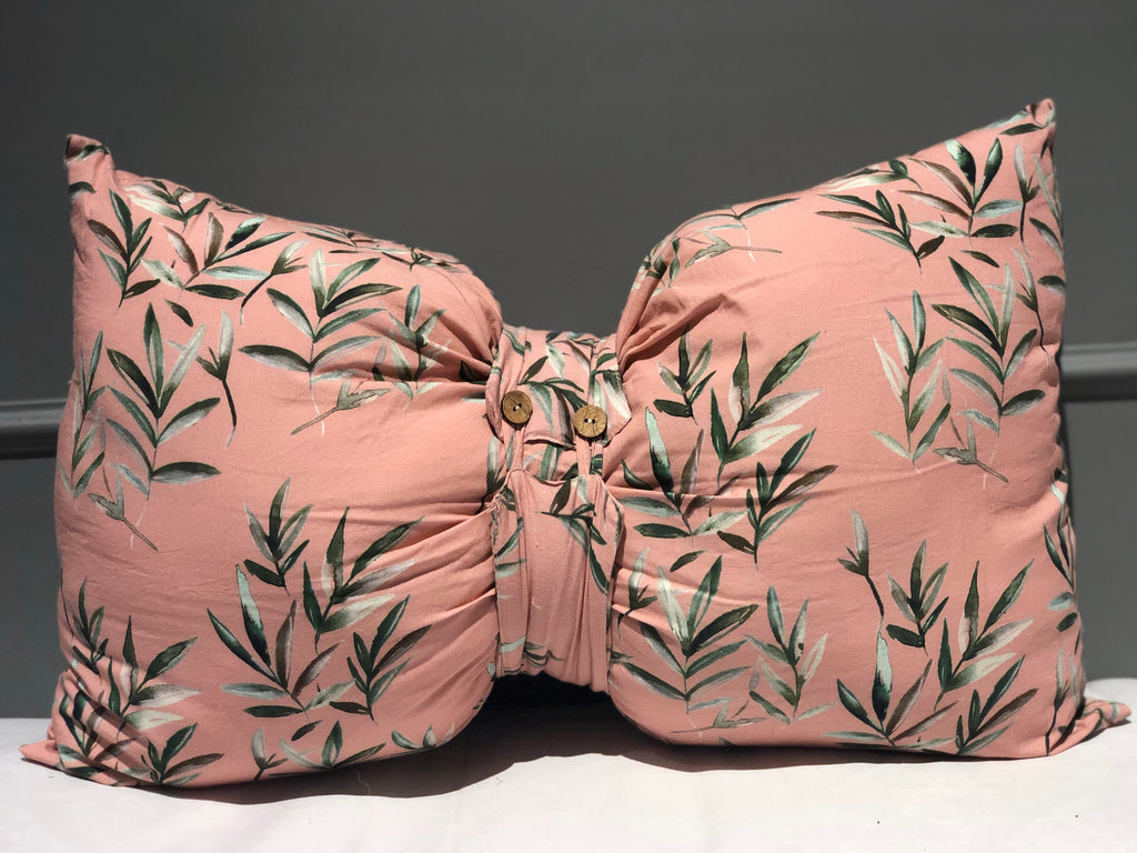 Peach Coral Leaves Printed Bow Shaped Filled Accent Cushion