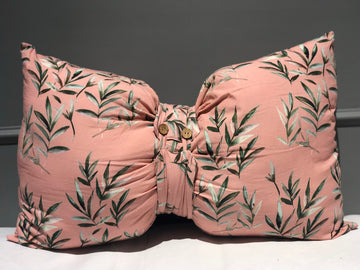 Peach Coral Leaves Printed Bow Shaped Filled Accent Cushion