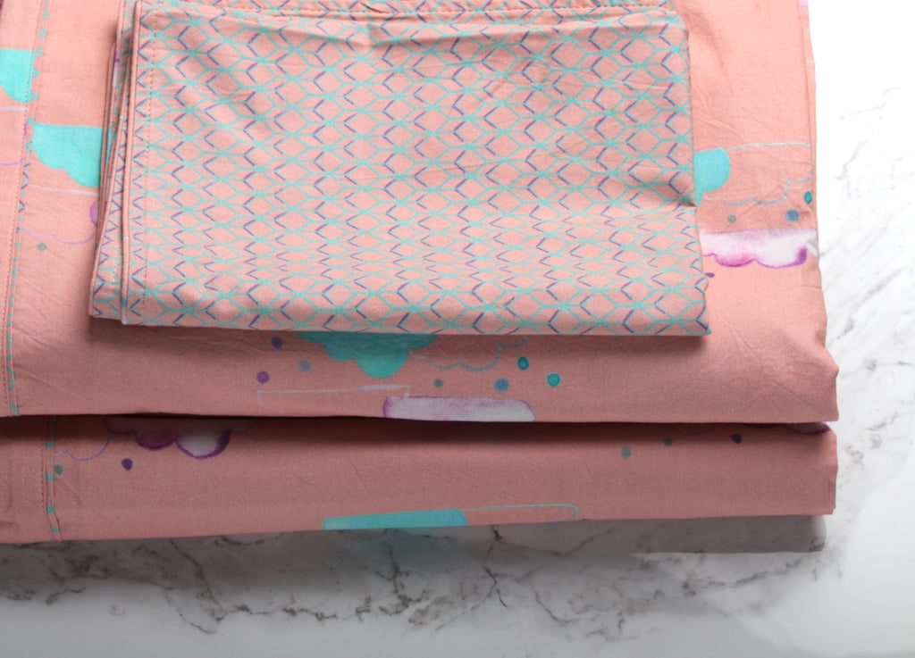 Peach Cloud Baby Elephant Printed Bed sheet with 2 pillow covers
