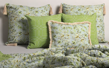 Into the greens floral and geometrical reversible Printed 5 pc curated cushion set