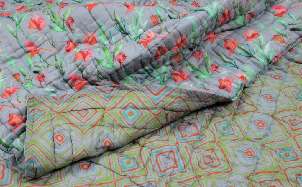 Grey and Red Tulip Garden Printed Cotton Quilt