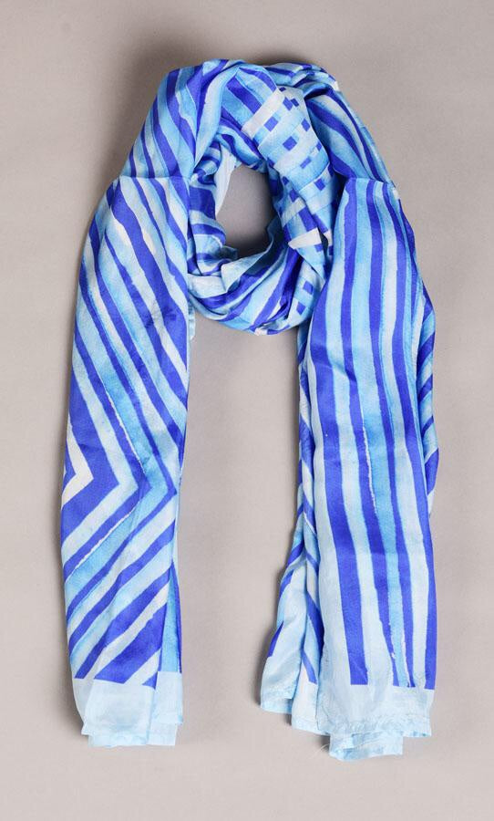 Ultra Marine Blue Colour Story Stripes Printed Pure Silk Scarf and Pocket Square Gift Set