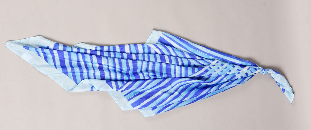 Ultra Marine Blue Colour Story Stripes Printed Pure Silk Scarf and Pocket Square Gift Set