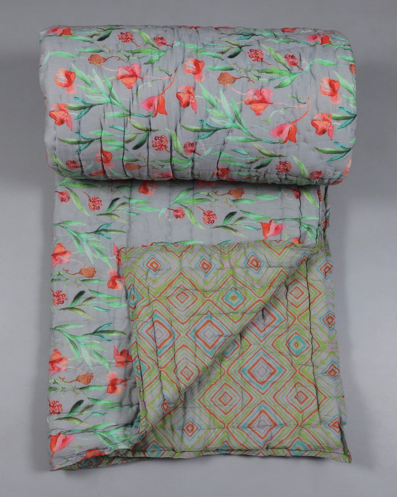 Grey and Red Tulip Garden Printed Cotton Quilt