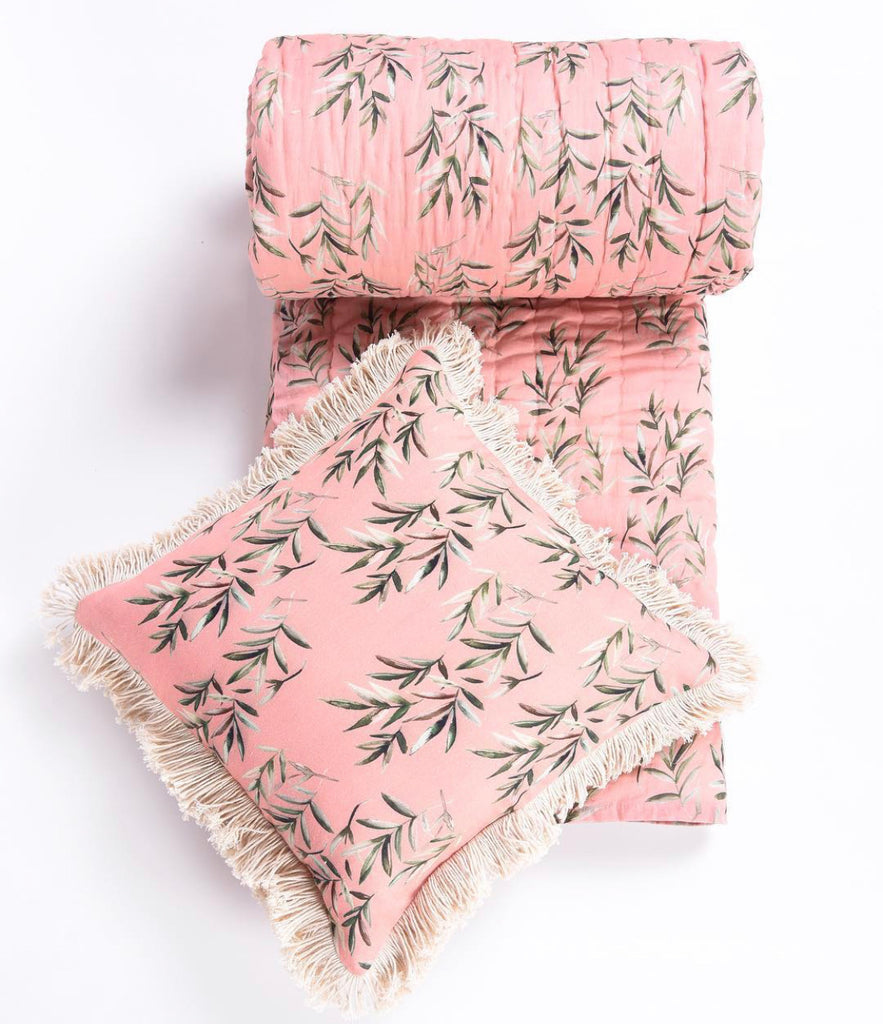 Coral Peach Leaves Printed 3 PC Set