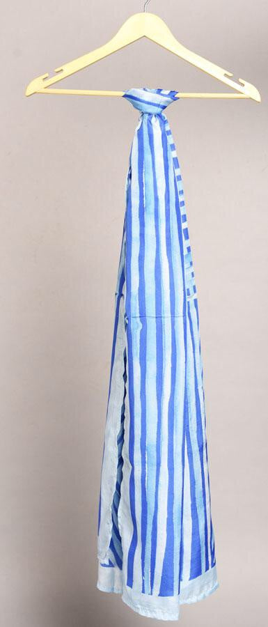 Ultra Marine Blue Colour Story Stripes Printed Pure Silk Scarf and Pocket Square Gift Set