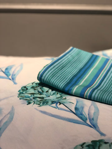 Peony White and Aqua Colour Printed White Bed sheet with 2 pillow covers