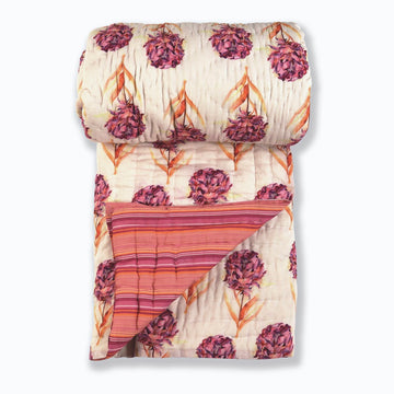 Peony White and Mulberry Colour Printed Cotton Quilt | Jaipuri Razai