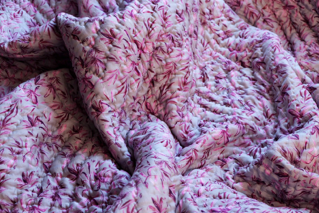 Modern Plum Floral and geometrical printed reversible Cotton Silk Quilt | Jaipuri Razai