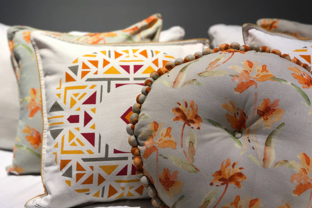 Ochre And Orange Daffodil Garden Printed with complimenting Fire Tatva Printed Cushion Cover 5 Pc set