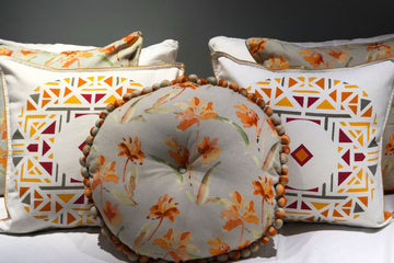 Ochre And Orange Daffodil Garden Printed with complimenting Fire Tatva Printed Cushion Cover 5 Pc set