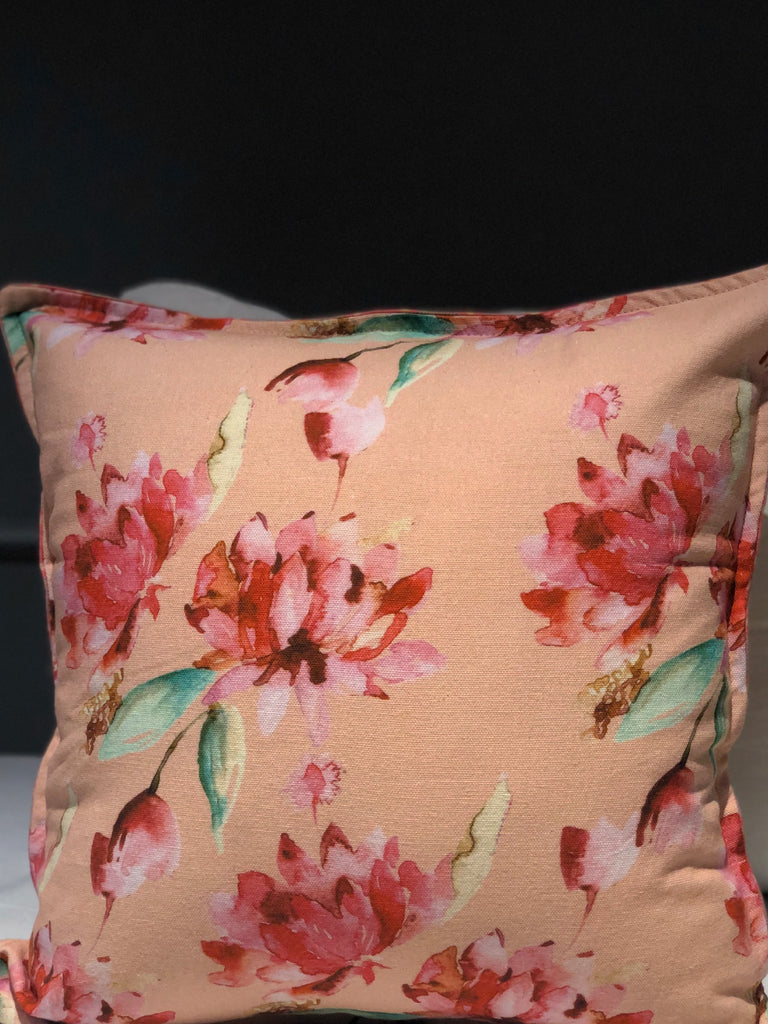 Peach and Red Sacred Lotus Printed Cushion Cover