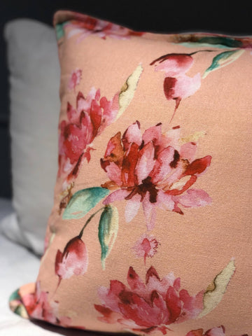 Peach and Red Sacred Lotus Printed Cushion Cover