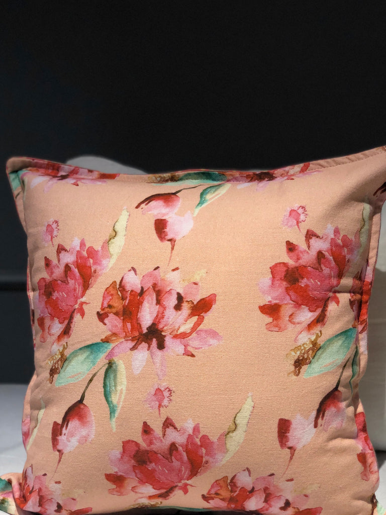 Peach and Red Sacred Lotus Printed Cushion Cover