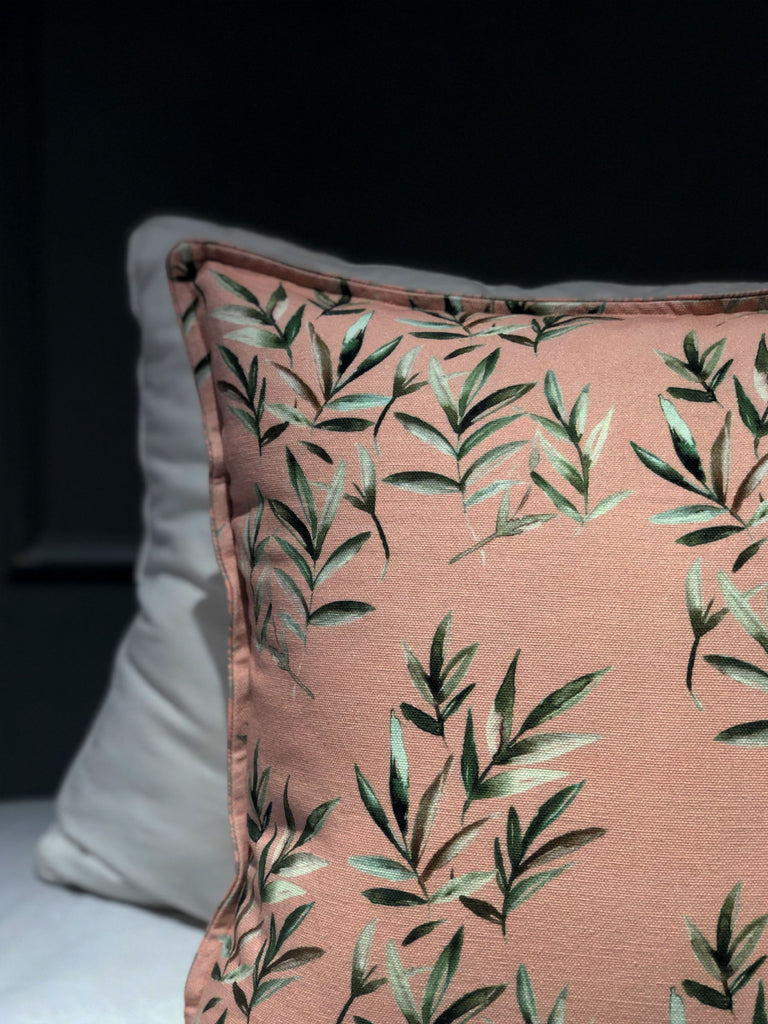 Peach Coral Leaves Printed Cushion Cover