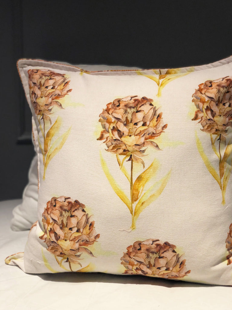 Peony White and Ochre Colour Printed Cushion cover