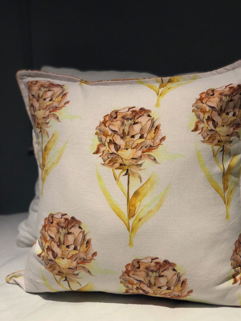 Peony White and Ochre Colour Printed Cushion cover