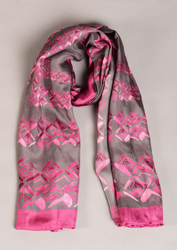 Grey And Rose Pink Colour Story Geometric Printed Pure Silk Scarf